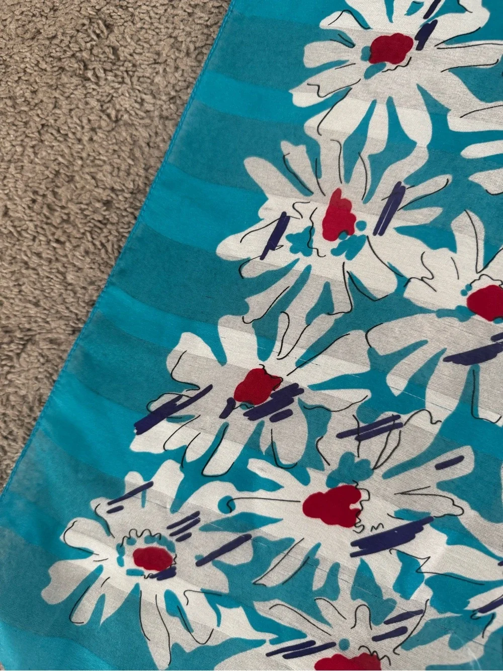 Berkshire Teal Floral Daisy Print Scarf with White and Red Accents